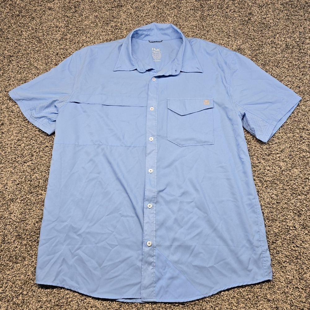 Huk Tide Point Short-Sleeve Button-Down fishing shirt Men Size Large